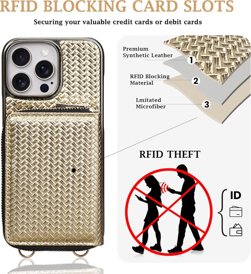 Keallce Wallet Case for iPhone 16 Pro Max 6.9", Crossbody Zipper Purse with Wristlet Strap, RFID Blocking Card Holder Kickstand, Woven Leather Case Electroplating Process for Women (Gold) - Image 3